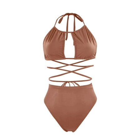 XUELUO Womens Bikinis Solid Color Sexy Spaghetti Strap Backless Bra And Lace Up High Waist Panty Set Two Piece Swimwears Activewear