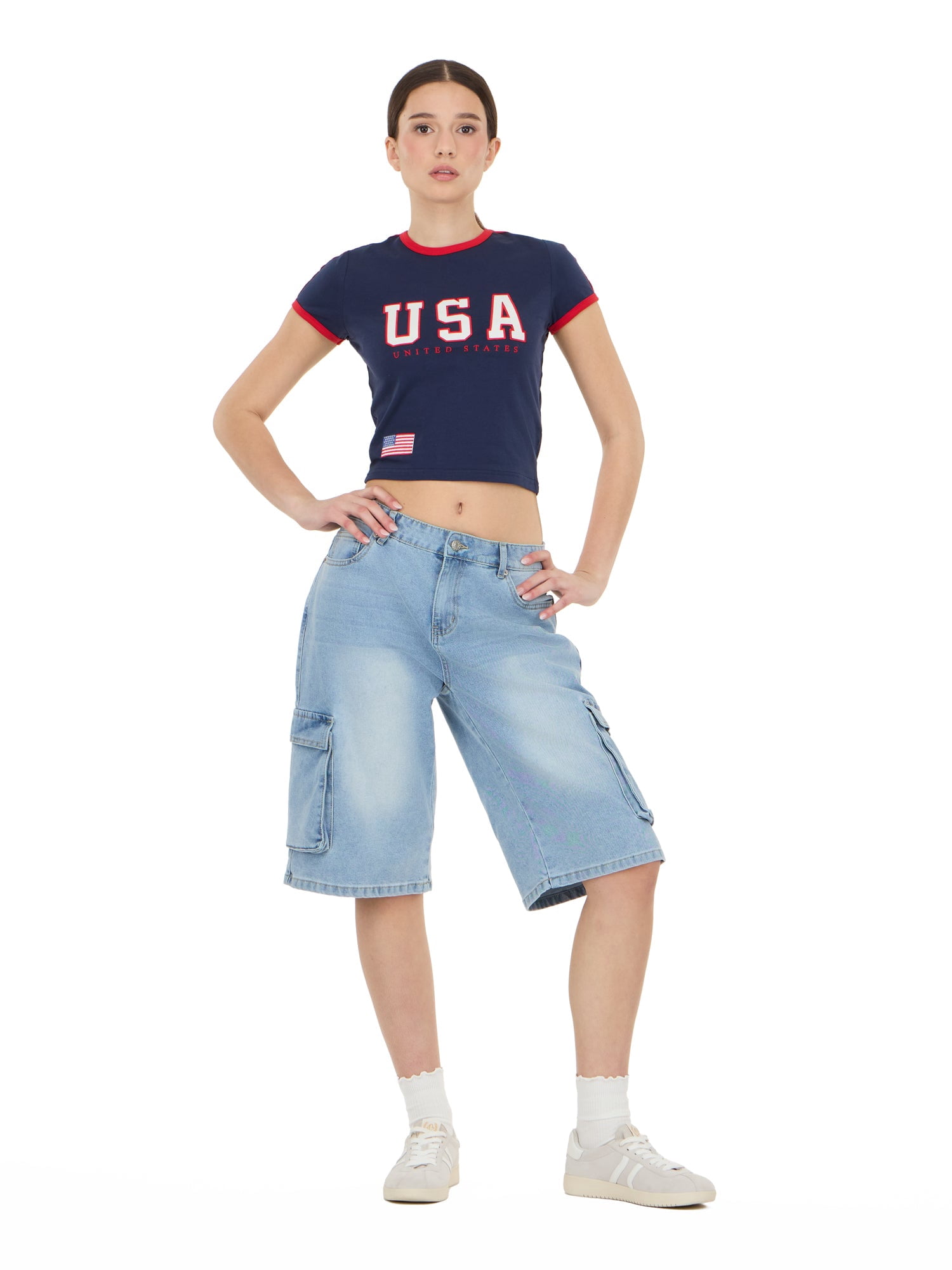 Forever 21 Women's Short Sleeve Americana USA Soccer Ringer Tee Shirt, Sizes XXS-XXL