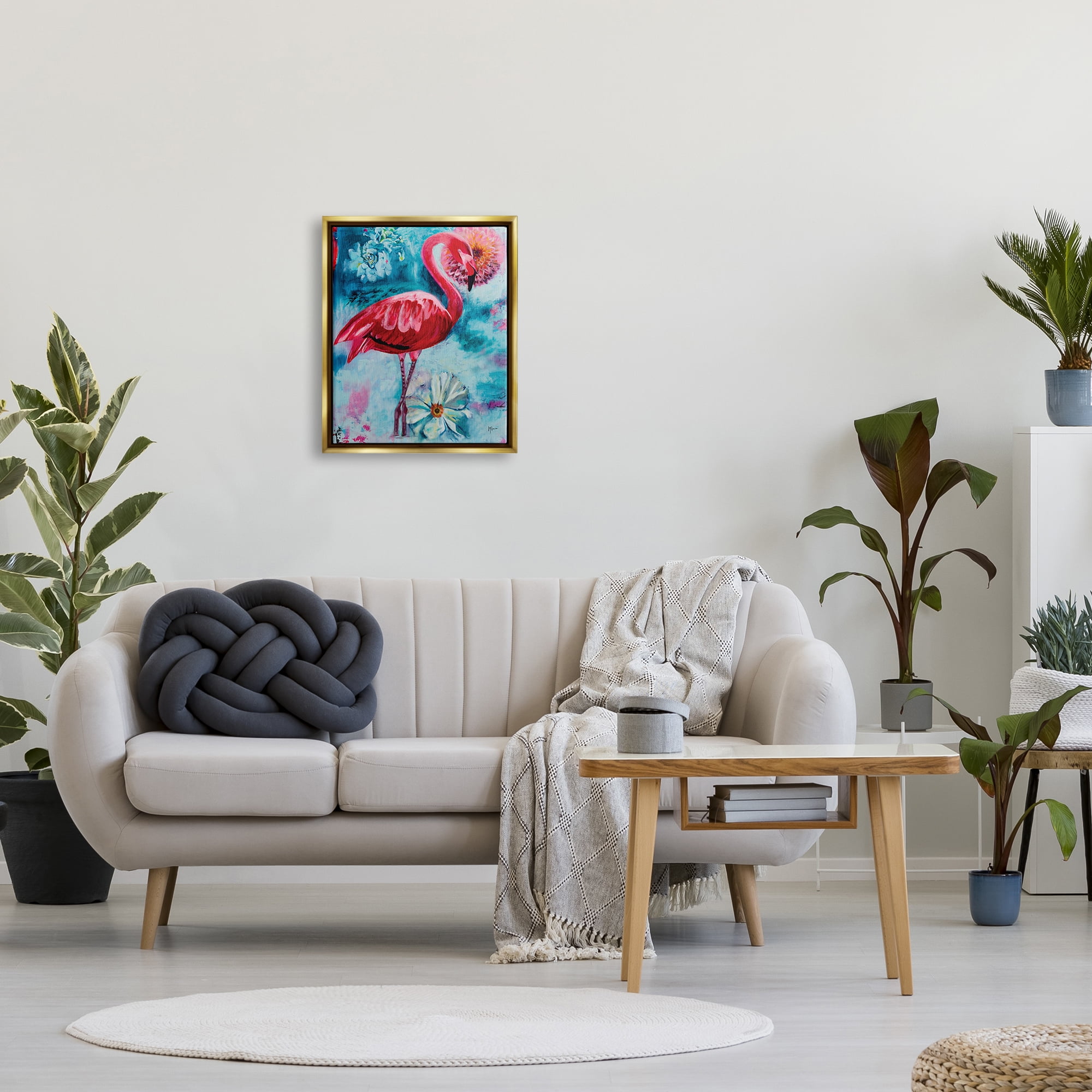Stupell Industries Modern Flamingo & Blooms Animals & Insects Painting Gold Floater Framed Canvas Art Print Wall Art, 17 x 21