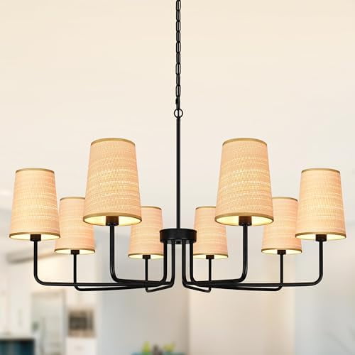 8-Light 39" Black with Fabric Shades Chandelier Farmhouse Linear Island Lighting Fixture Large Adjustable Pendant Lighting Fixtures for Living Room Kitchen Island Dining Room$$Tools & Hardware Other