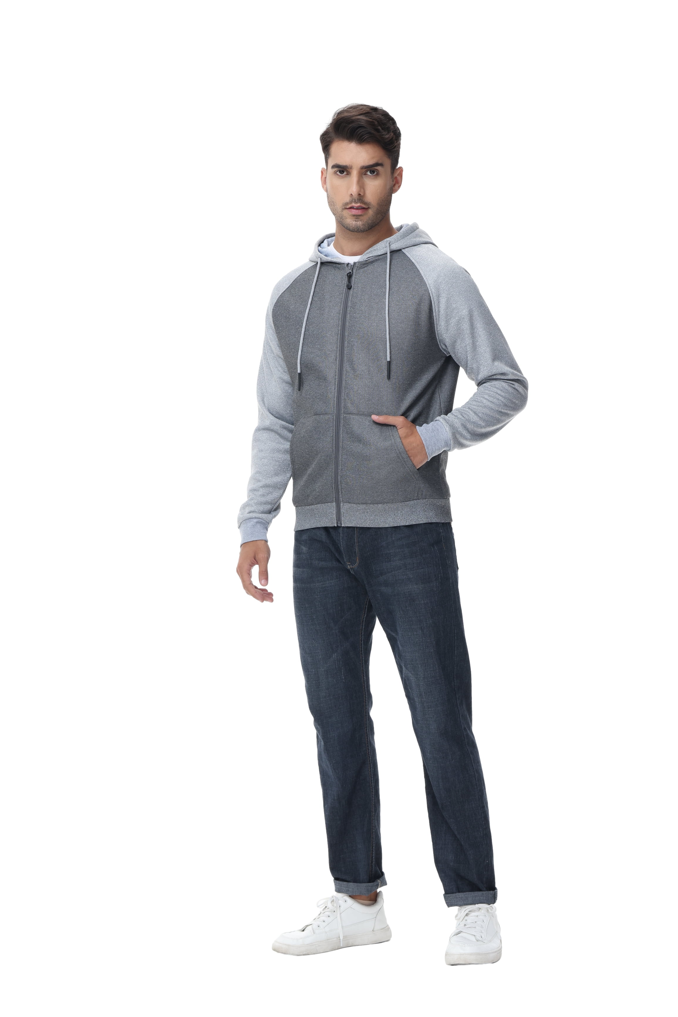 Weilanxin Men's Color Block Pullover Fleece Hoodie Casual Hooded Sweatshirts Tops Full Zip Jacket with Pocket Athletic Hoodies For Men Light Grey Contrast Dark Grey M