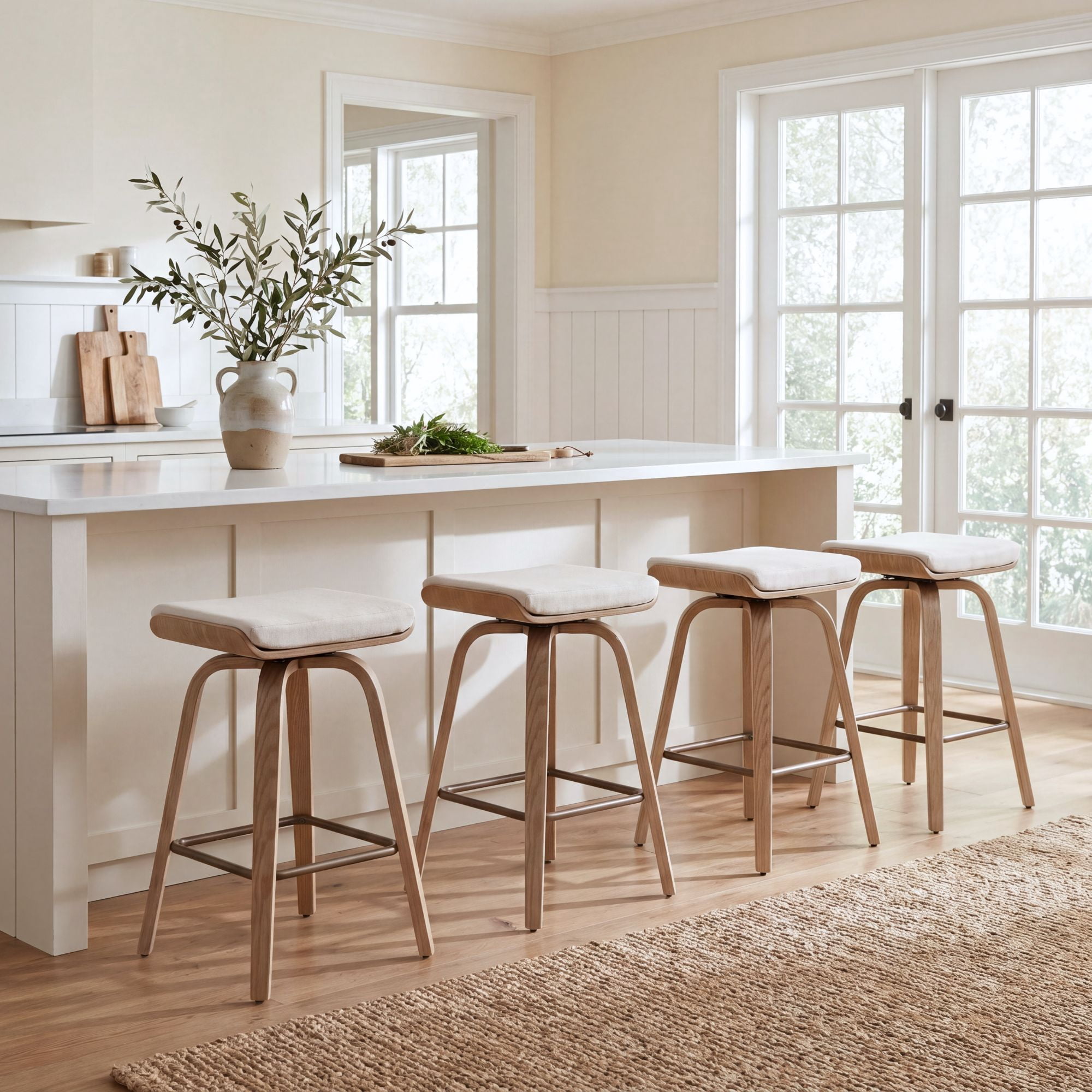 Guyou 26” Swivel Counter Height Bar Stools Without backrest, Upholstered Farmhouse Bar Stools with Footrest for Kitchen Island, Begie-Linen(Set of 4)