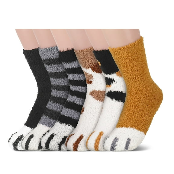 Qweryboo 6Pairs Cat Paw Fuzzy Socks, Women Winter Fuzzy Warm Plush Slipper Socks, Cute Sleeping Coral Fleece Socks Christmas Gift for Girls