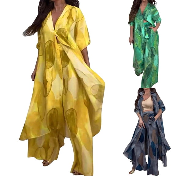 THDHVS Two Piece Sets for Women,Plus Size Fashion,Bohemia 2 Piece Outfits Caftans for Women V Neck Long Cardigan Cover Up Wide Leg Pants Sets Plus Size Yellow L