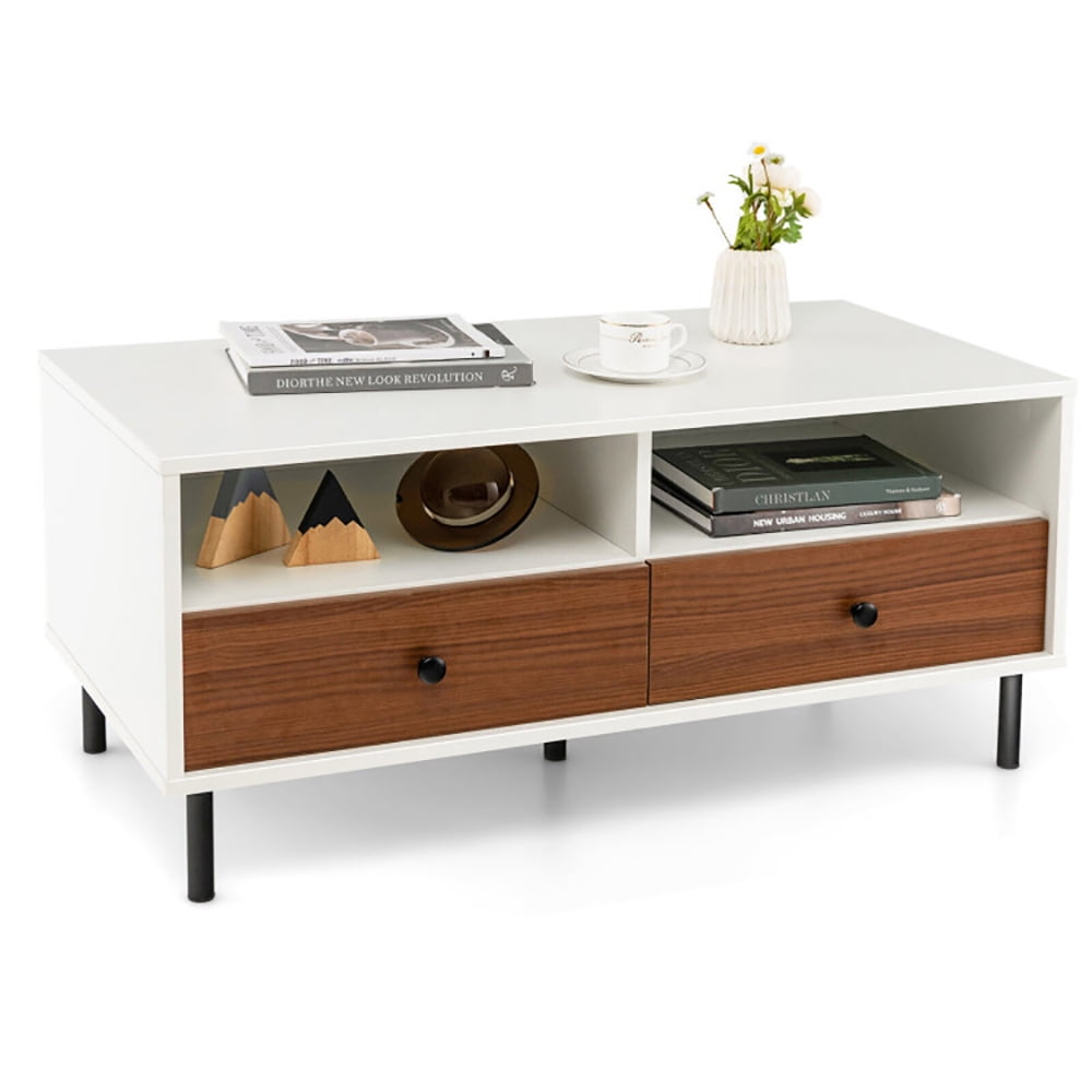 Finihen Coffee Table, Rectangular Coffee Table, 2 Tier 40 Inch Length Modern Rectangle Coffee Table with Storage Shelf and Drawers, for Living Room, Reception Room, Office, White Finihen Coffee Table, Rectangular Coffee Table, 2 Tier 40 Inch Length Modern Rectangle Coffee Table with Storage Shelf and Drawers, for Living Room, Reception Room, Office, White
