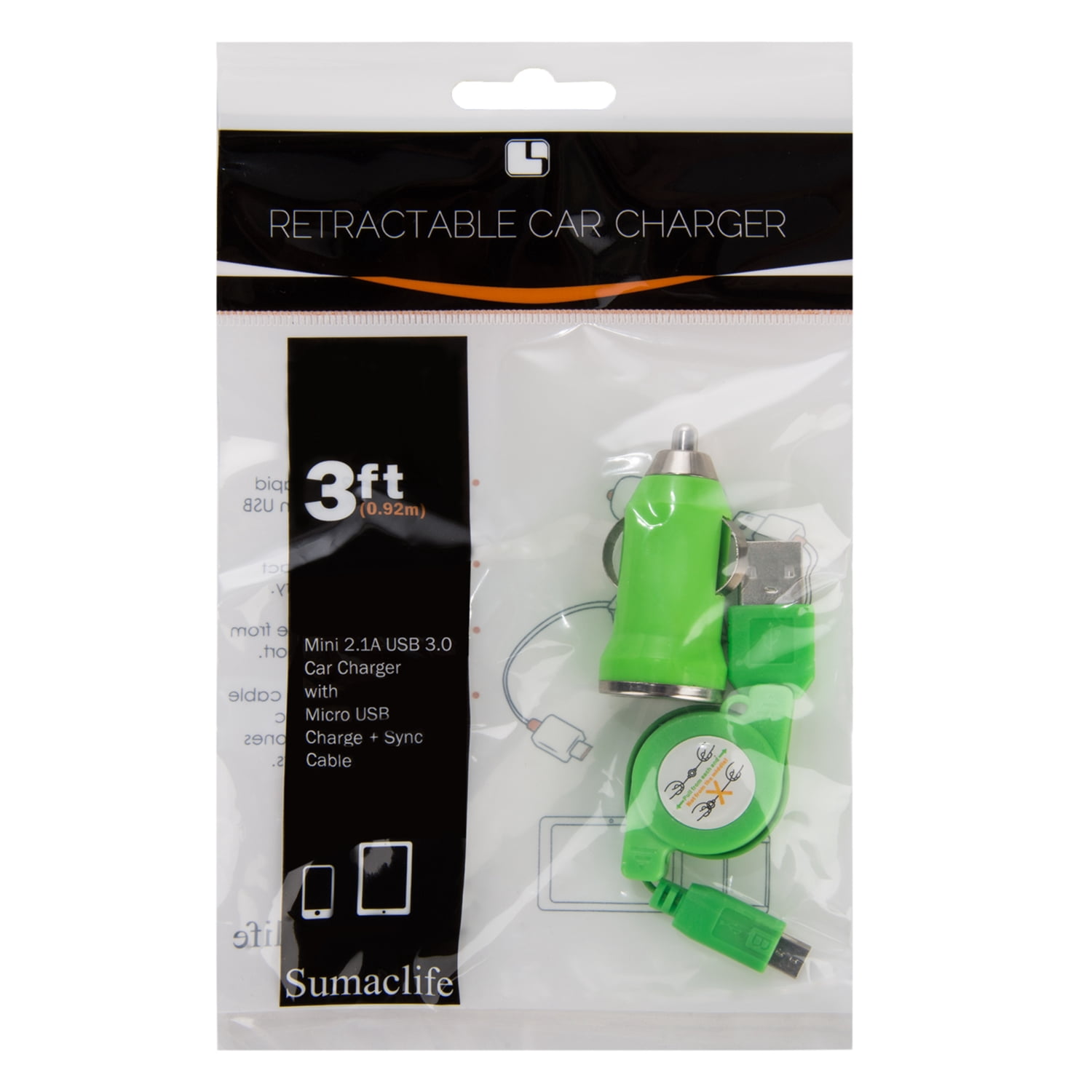 6 Pack Tangle-Free Retractable Micro USB Car Charging Cable For Cellphones, Digital Cameras, And Other Electronics (Green)