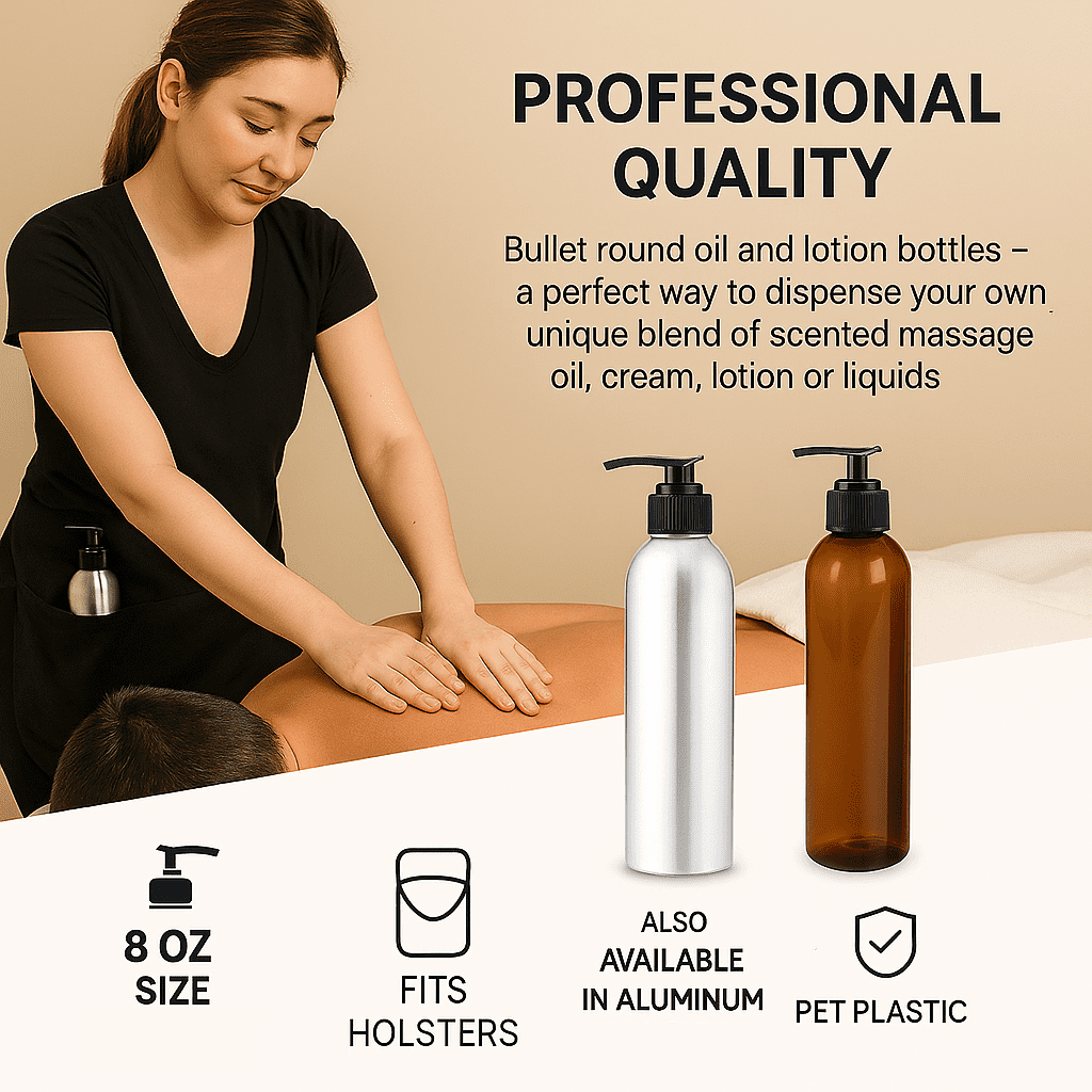 Royal Massage 8oz Bullet Round Massage Oil/Lotion/Liquid Bottle with Saddle Pump (Amber, 12)