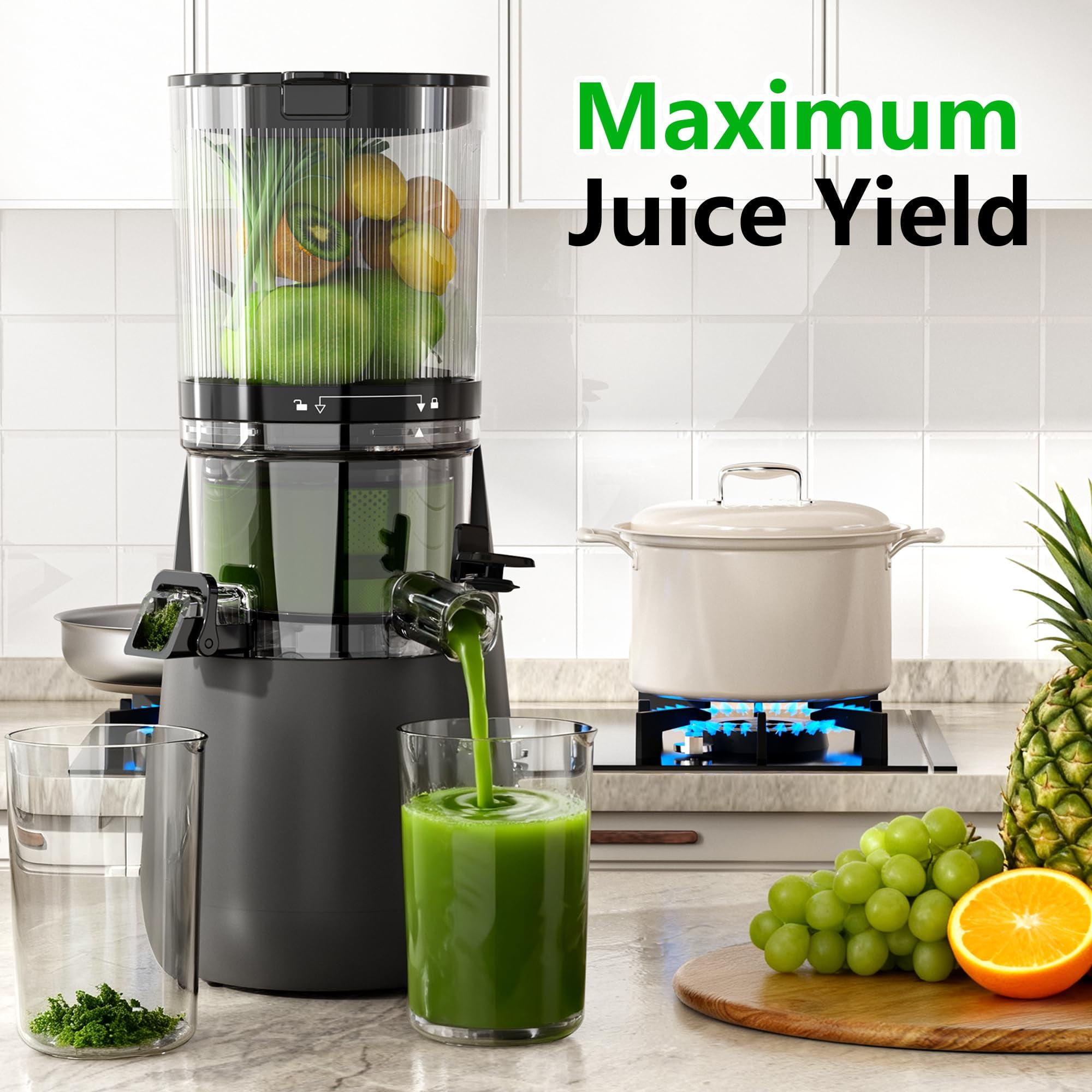 Cofiyard Cold Press Juicer, 6" Wide Feed Chute Slow Masticating Juicer Machine, Self Precut System, High Juice Yield, BPA-Free, Extra one Replace Juicer Strainer, Dark Gray