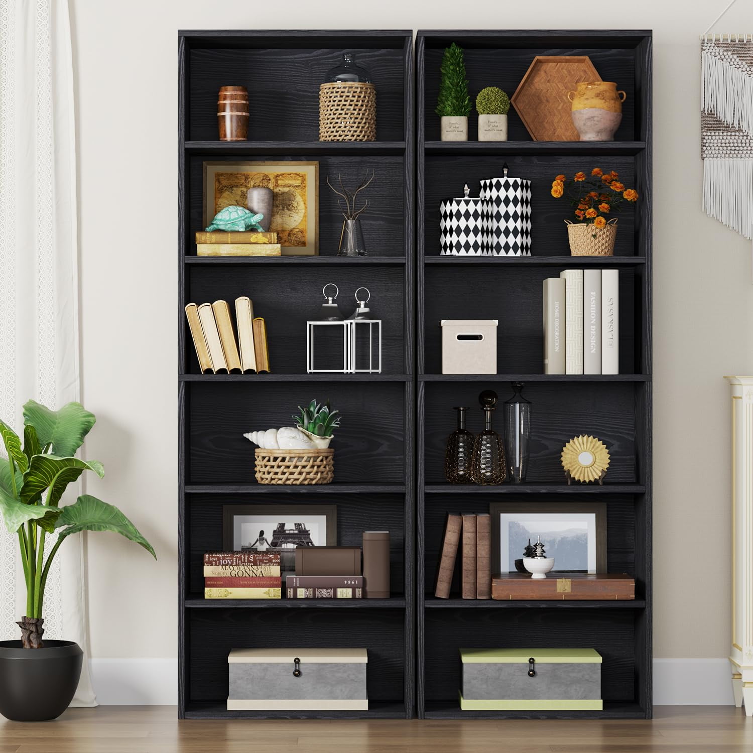 Bapipro Bookcase and Bookshelf, Floor Standing 6-Tier High Bookshelf, Display Storage Rack, Home Decorative Furniture, Suitable for Home Offices, Living Rooms, and Bedrooms,Black