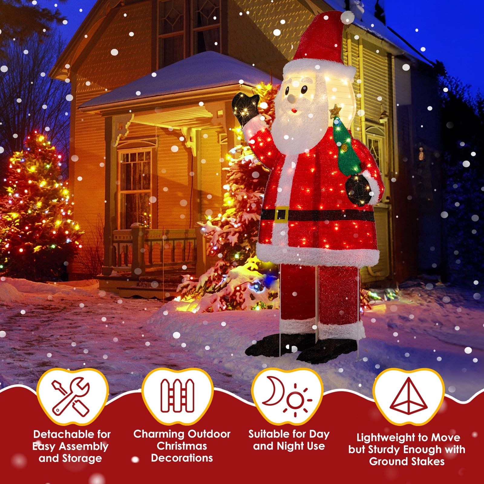 Astoutdoor 6 ft Lighted Santa Christmas Yard Decoration, Pre-lit Pull Up Santa with 180 LED Warm White Lights and Ground Stakes, White