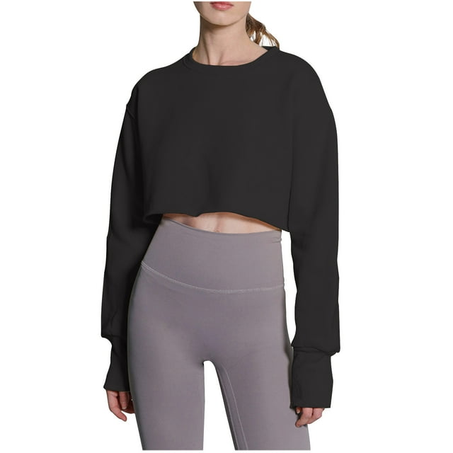 Bowake Chandail en Molleton Court Décontracté pour Femmes Col Rond Chemises Courtes d'Entraînement Manches Longues Crop Tops Doublé Polaire Chandail