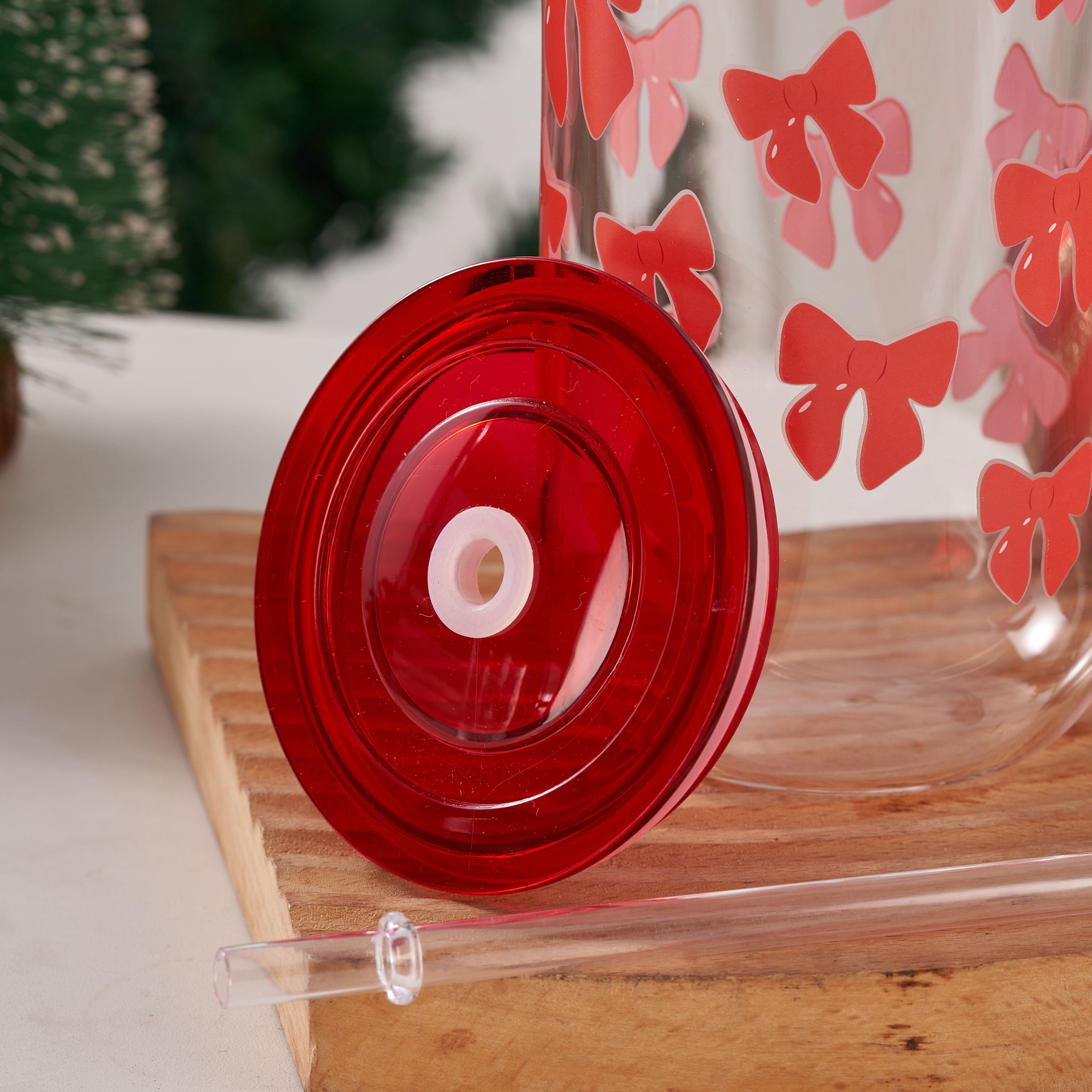 Bows Can Sipper Glass with Lid 20 OZ Holiday Time