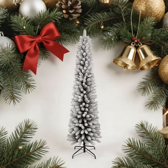 5ft Flocked Pencil PVC white Christmas Tree - Slim Space-Saving Holiday Decor