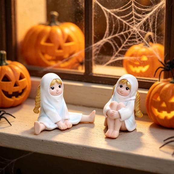 Cute Ghost Girl Mini Resin Figurine Set, Two Poses Statues for Halloween Tiered Tray and Window Sill Decor