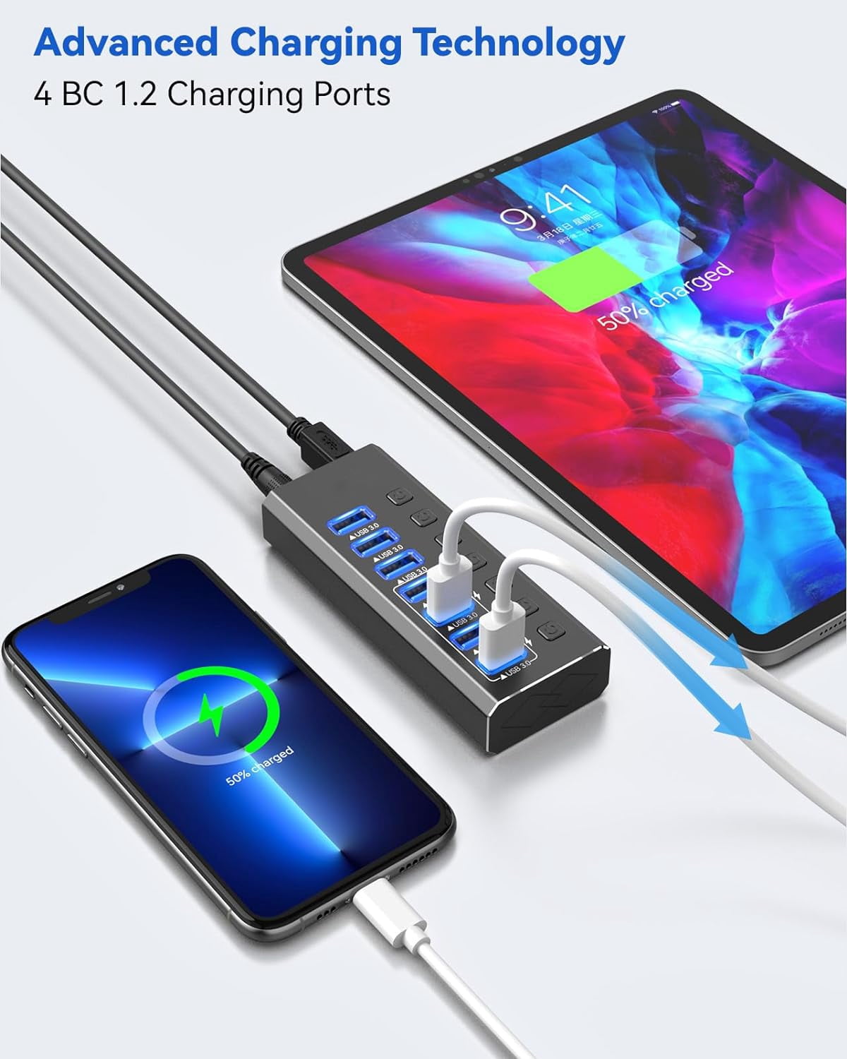 Powered USB Hub 3.0,AUBEAMTO 7-Port USB 3.0 Hub [Durable Aluminum] 7 Data Transfer Ports+ 4 Smart Charging Ports with Individual On/Off Switches, USB Hub 3.0 Powered with Power Adapter for Laptop PC