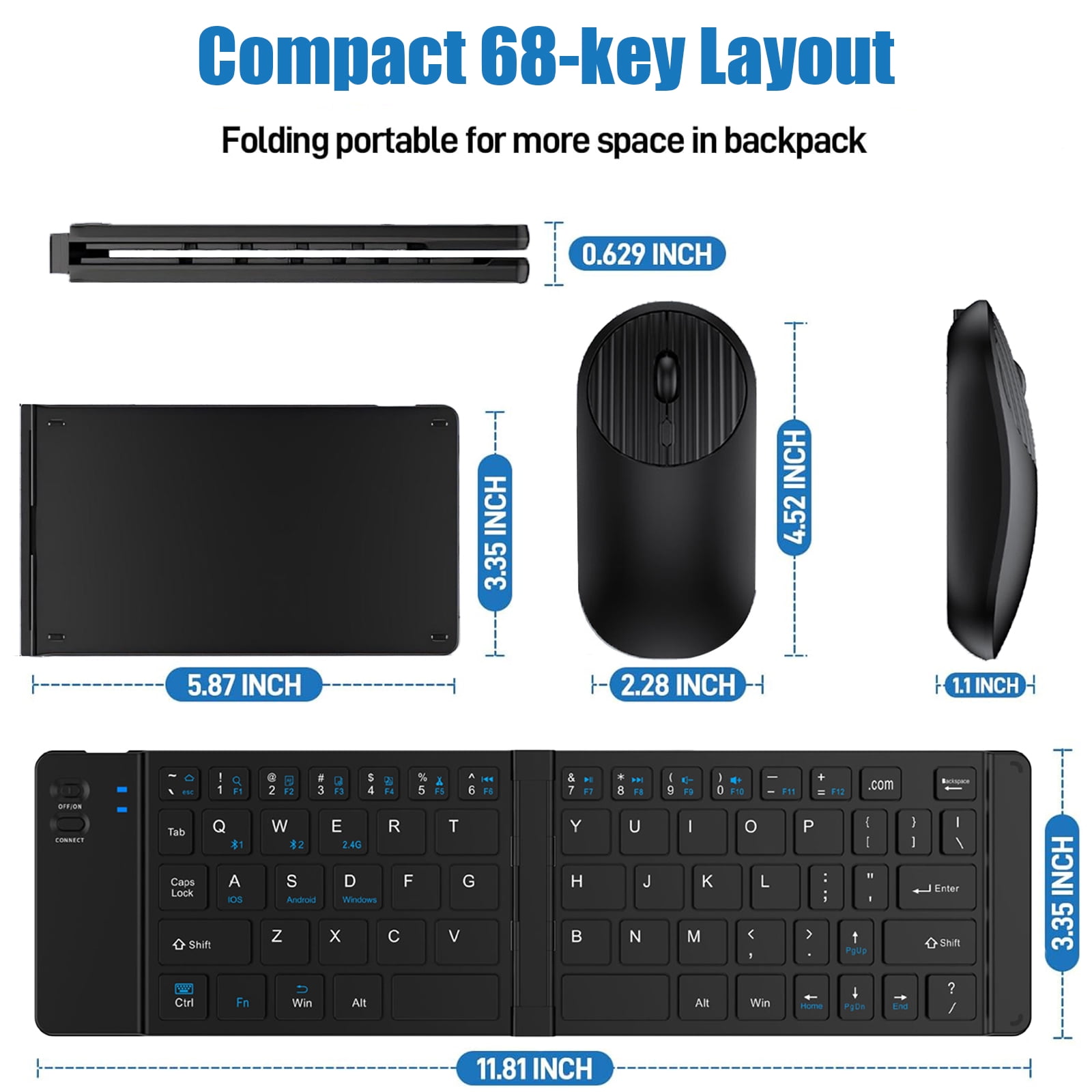 RONY Foldable Wireless Bluetooth Keyboard & Mouse Combo: Rechargeable Portable Travel Keyboard for Phone Laptop Mac Desktop (Black)