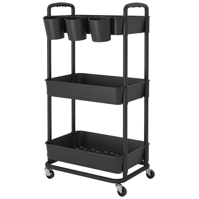 Carrito utilitario JIUYOTREE de 3 niveles de plástico enrollable negro