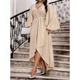 thumbnail image 6 of Apricot Plus Size Shiny Wrap V-Neck High-Low Dress With Flared Sleeve For Wedding Guest Cocktail Party, 6 of 8