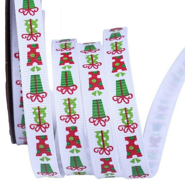 7 Rolls 25 Yards 3/8 Inch Gift Box Printing Christmas Red Green White Grosgrain Ribbon Roll for DIY Wrapping Party Decor