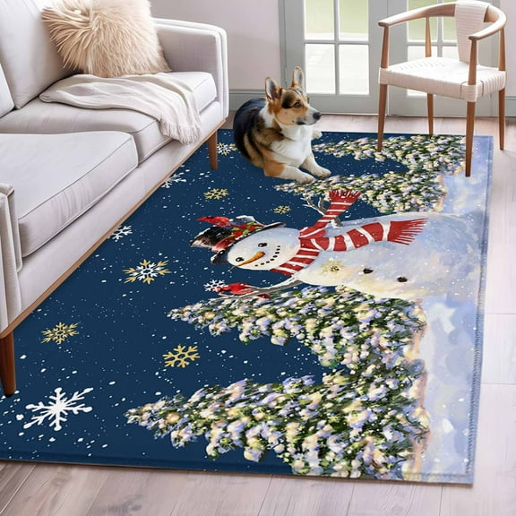 Navy Blue Christmas Snowman Area Rug 3x5 Washable Rug Non Slip Winter Xmas Tree Snowflakes Large Area Rug Indoor Floor Carpet for Entryway Bedroom Kitchen Living Room Home Office Dining Room Nursery