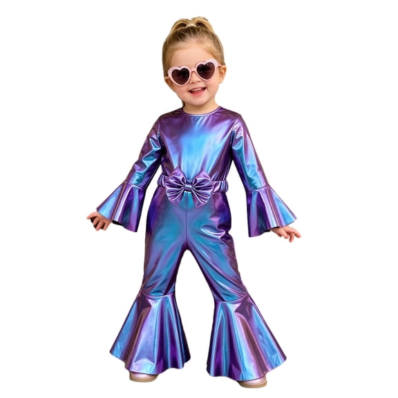 vastwit Little Girls Shiny Metallic Flare Jumpsuit Disco Themed 70s Birthday Party Outfit Blue 12-18M