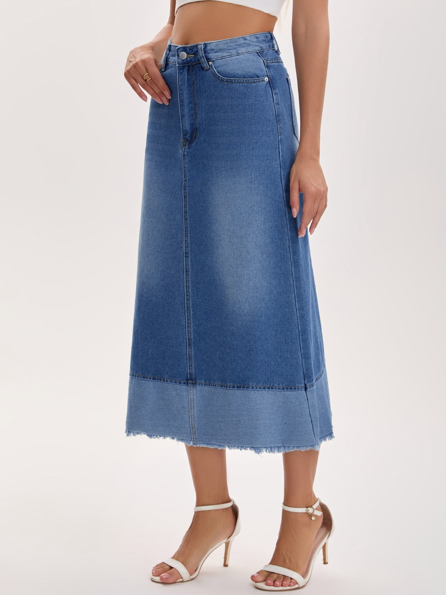 DARING DIVA Women's Denim Maxi Contrast Panel A Line Long Jean Skirts X-Large Blue