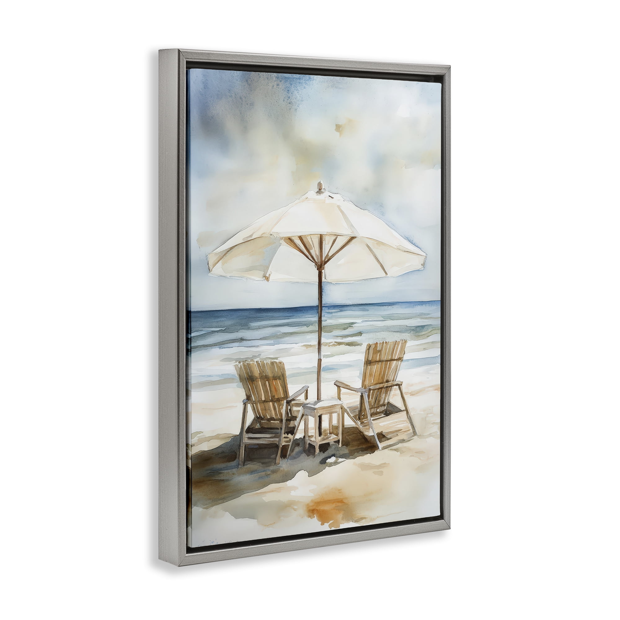 Stupell Industries Watercolor Paradise Beach Scene Gray Framed Floater Canvas Wall Art, design by Petal Prints Design