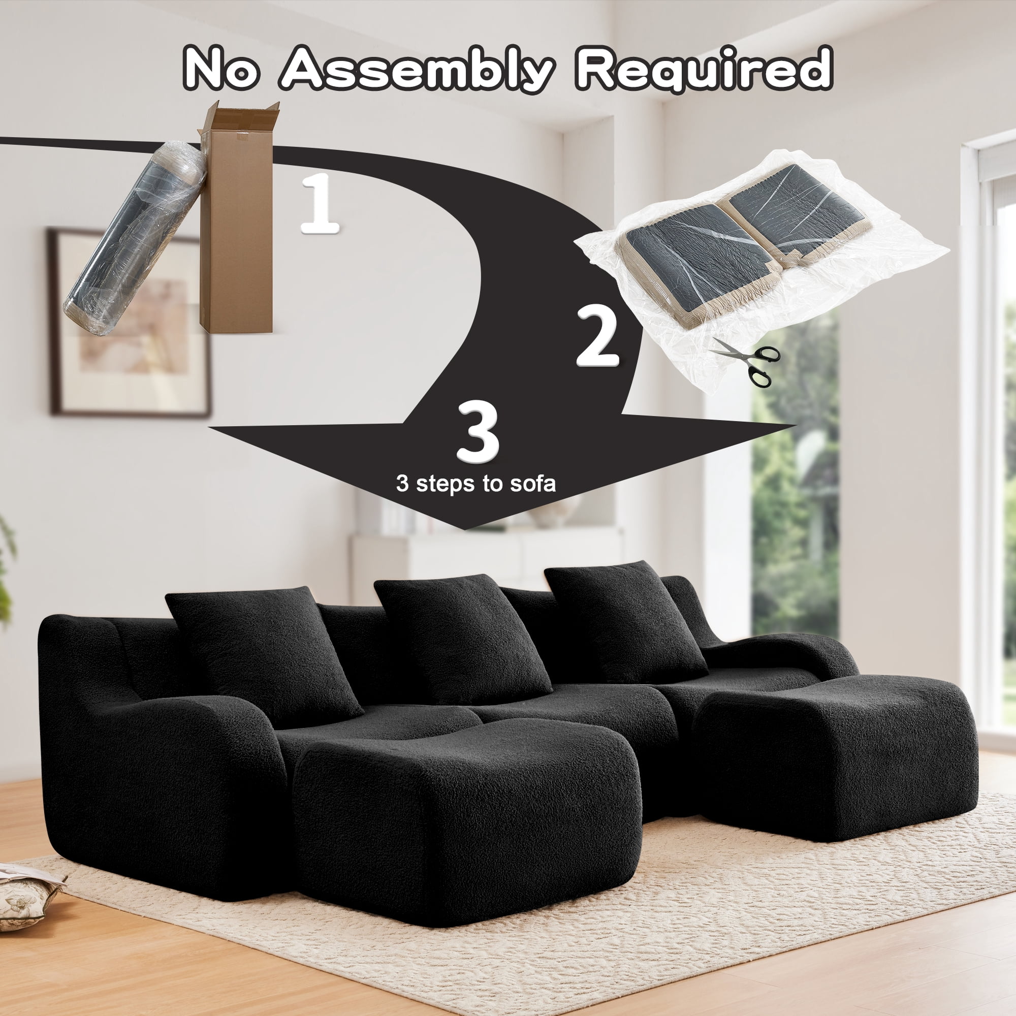 MAYEERTY 115.3" U-Shaped Teddy Fabric Boneless Sofa, Black 300lbs/seat 32D Foam No Assembly Couch with Chaise for Living Room Reading Nook