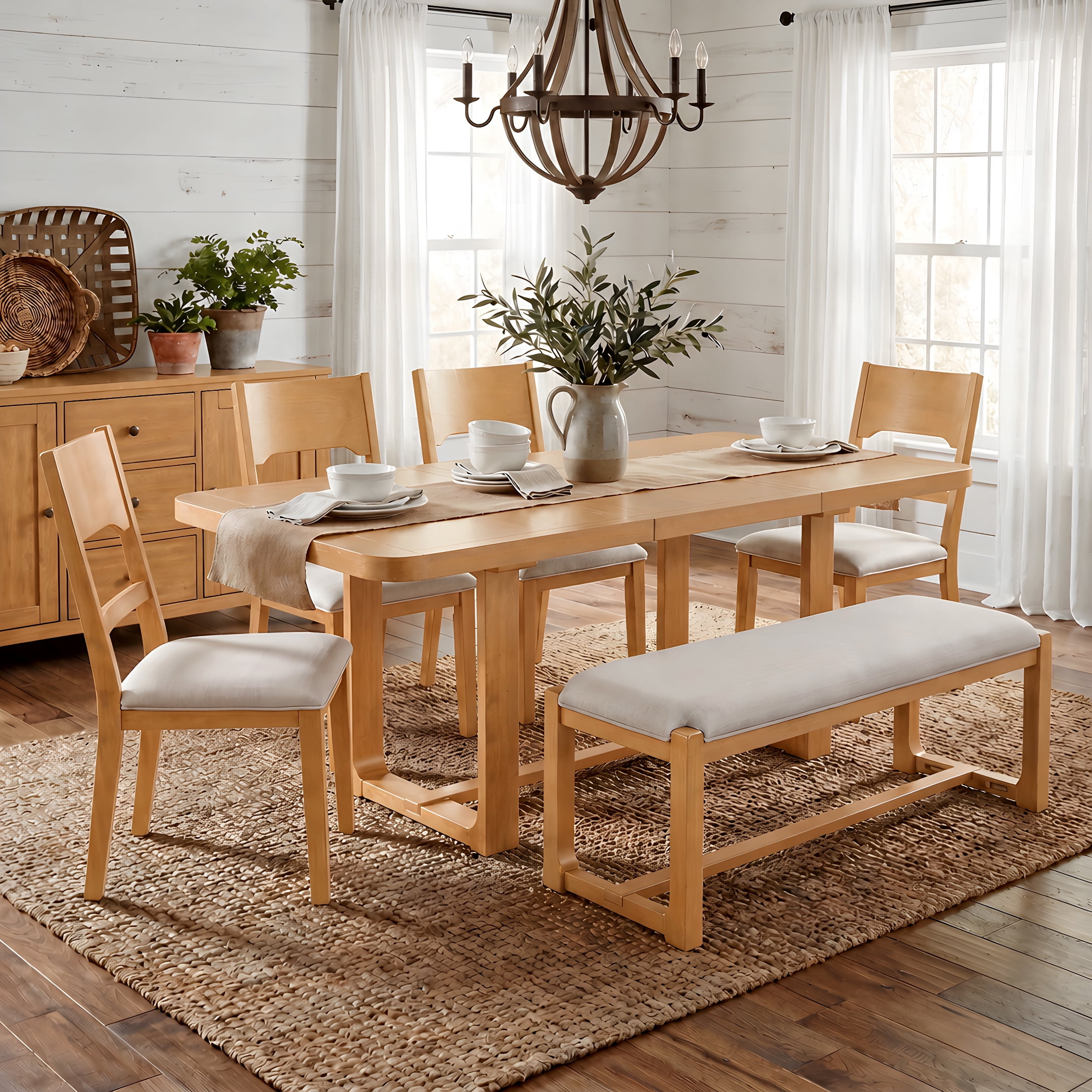 Mintazer 6-Piece Extendable Dining Table Set with 4 Upholstered Chairs & Bench, Rectangular Expandable Kitchen Table with Anti-Scratch Foot Pads, Natural
