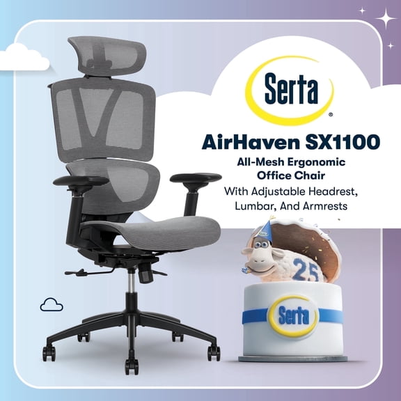 Serta AirHaven SX1100 All-Mesh Ergonomic Chair with Adjustable Headrest, Gray