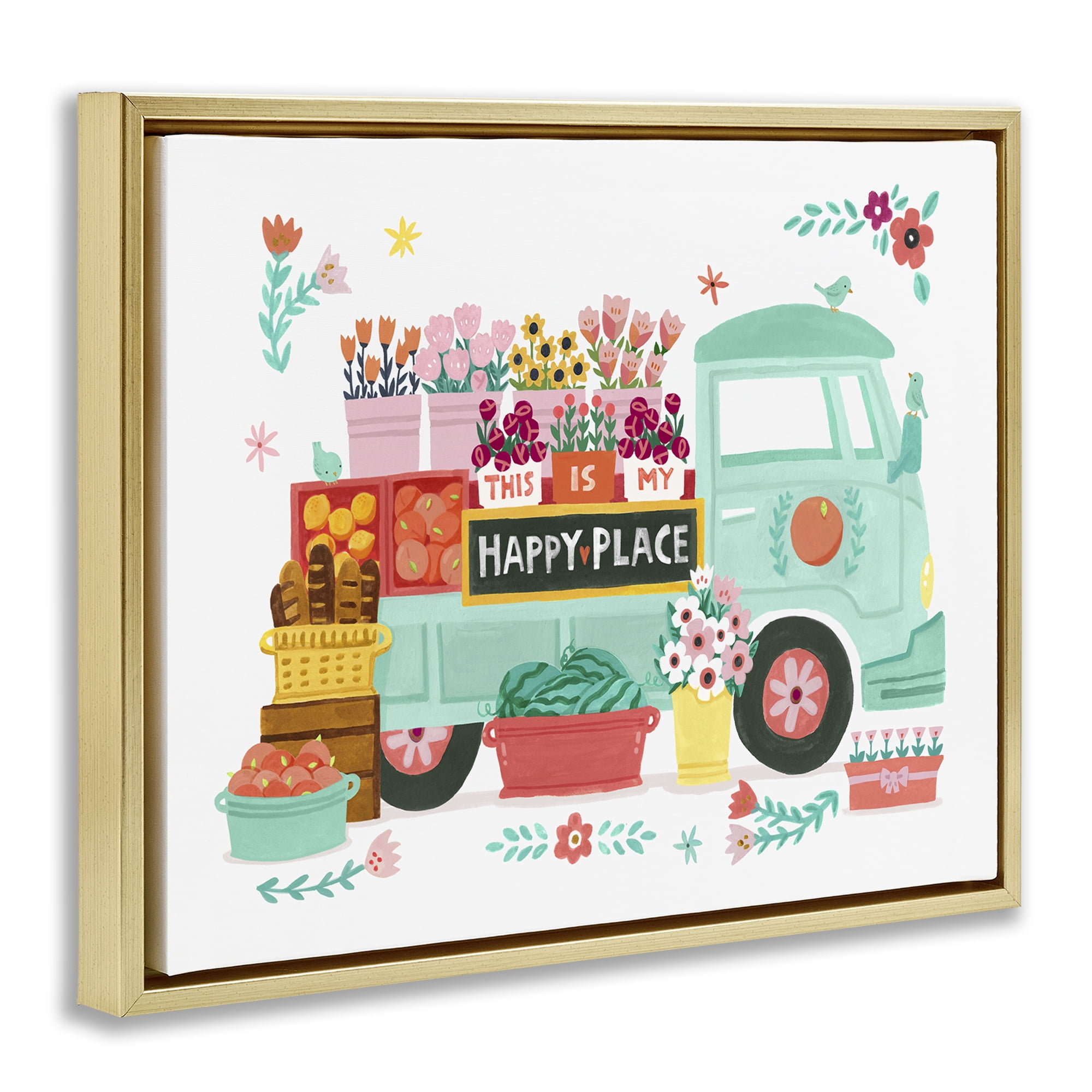 Stupell Industries Happy Place Flower Truck Plants & Flowers Painting Gold Floater Framed Canvas Art Print Wall Art, 31 x 25