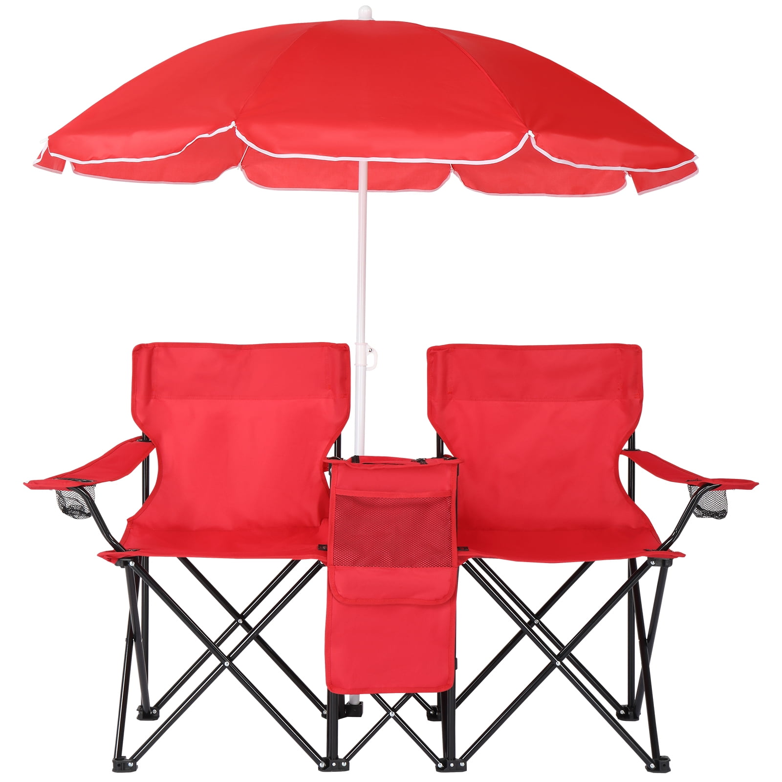 Ktaxon Camping Loveseat Chair, Folding Double Outdoor Chair with Removable Sun Umbrella & Carrying Bag, Double Chairs with Cooler Bag for Lawn Fishing Outdoor, Red