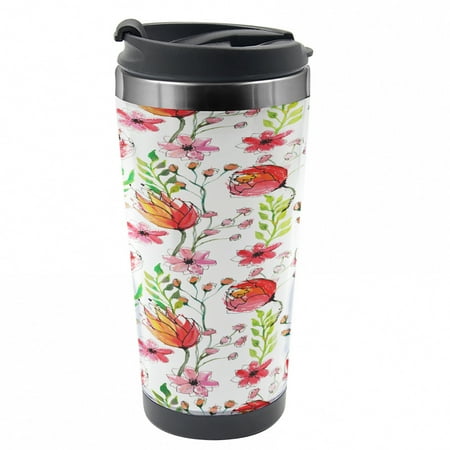 

Floral Travel Mug Scribbled Flowers and Leaves Steel Thermal Cup 16 oz by Ambesonne