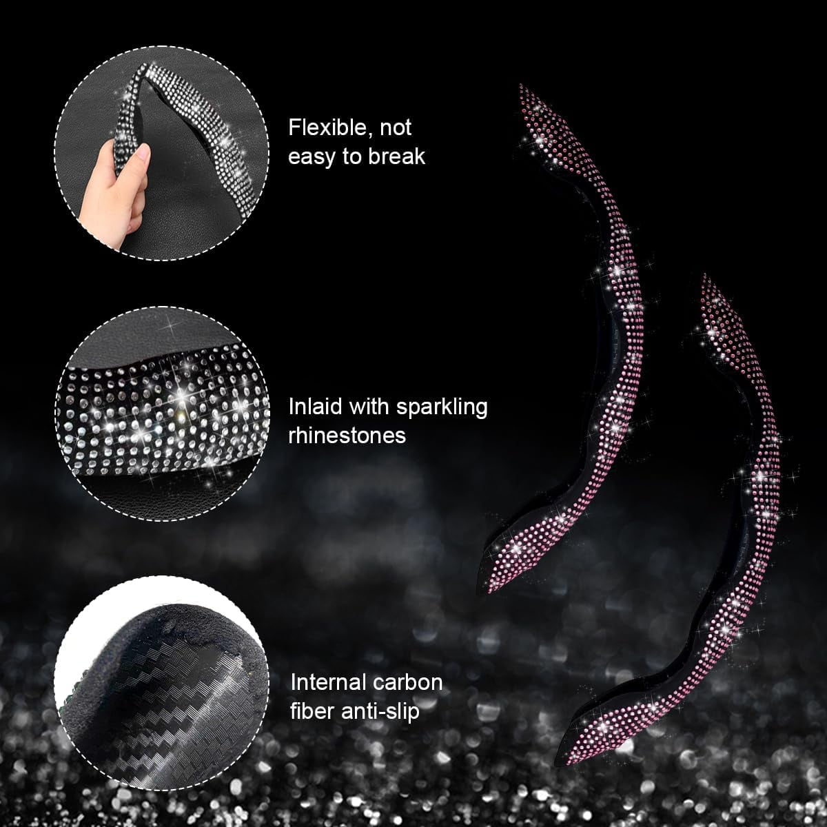 2 PCS Steering Wheel Cover, 15 Inches Crystal Diamond Bling Cover for Auto Steering Wheels, Safety Non-Slip Universal Fit Sparkly Steering Wheel Cover, Car Accessories (Pink)
