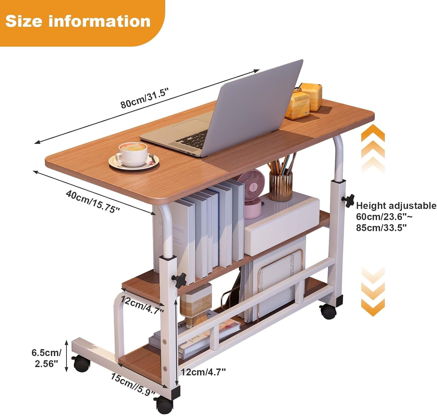 Adjustable Height Mobile Standing Desk – Ergonomic Rolling Computer Table with Storage Shelves – Space-Saving Laptop Desk for Home Office or School – with Wheels, Walnut 80 x 40CM