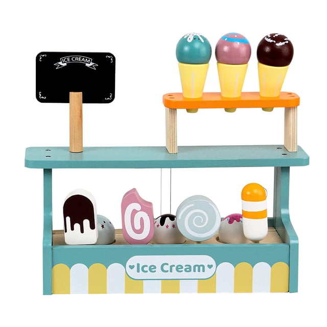 Juego de juguetes de helado de madera, puesto de tienda de camiones de helados, juguetes para niños pequeños, accesorios de cocina de juego Montessori, juego de alimentos de madera