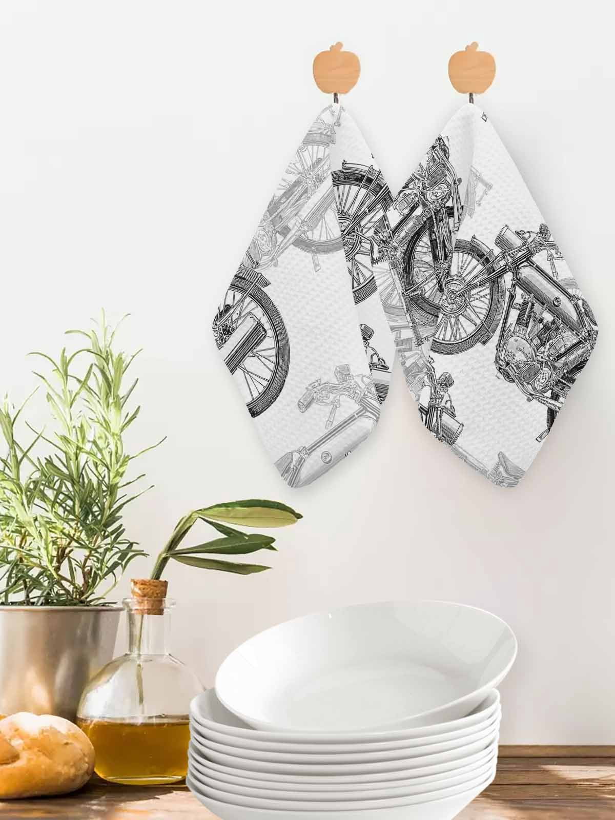 Black White Motorcycles Kitchen Dish Towels for Drying Dishes Set of 3, Modern Hand-Painted Vehicles Waffle Weave Microfiber Hand Tea Bathroom Towels Quick Dry & Absorbent Towel 12x12