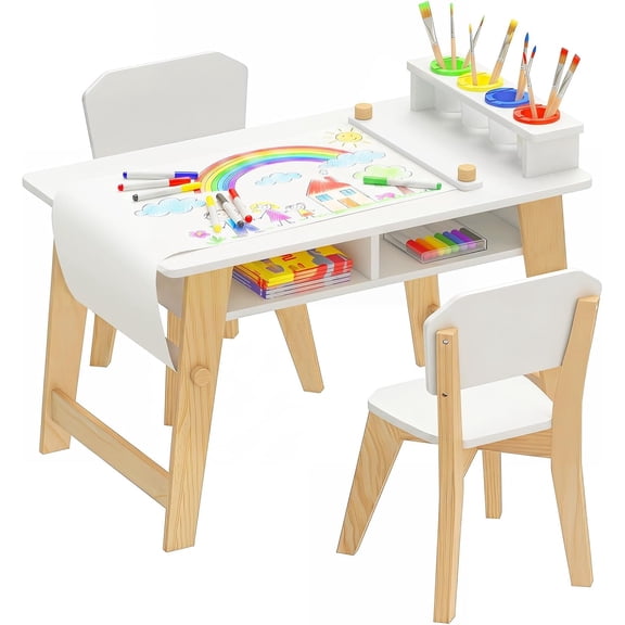 OLAKIDS Kids Art Table and Chair Set, Wooden Multi Activity Desk with Roll Paper 2 Storage Shelves 4 Paint Cups, Toddler Furniture for Crafts Arts Playing Drawing