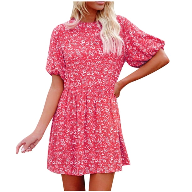Mini vestido de manga corta con cuello redondo y estampado informal de manga farol de verano para mujer a la moda Fridja NMB2148
