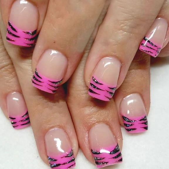 Short Square Press On Nails Sparkling Stripe Designs Full Covers French Tips Artificial Nails False Nails on Nails