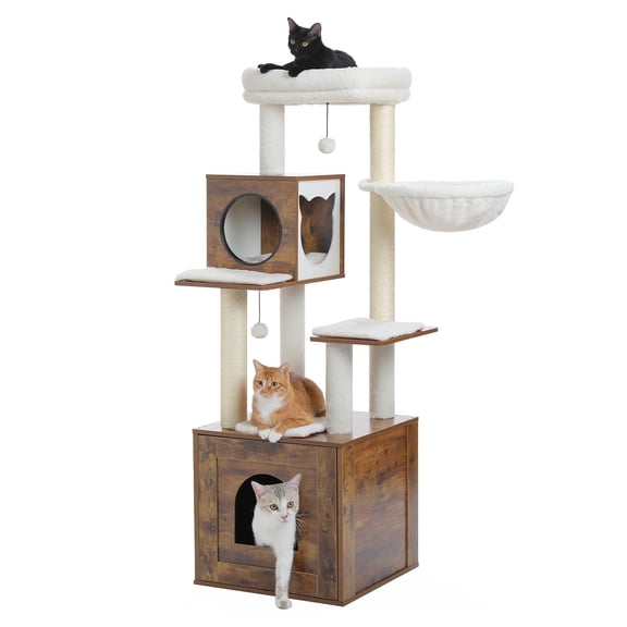 PEQULTI 57.5" Wood Cat Tree with Litter Box Large Cat Tower Indoor with Sisal Scratching Post Brown