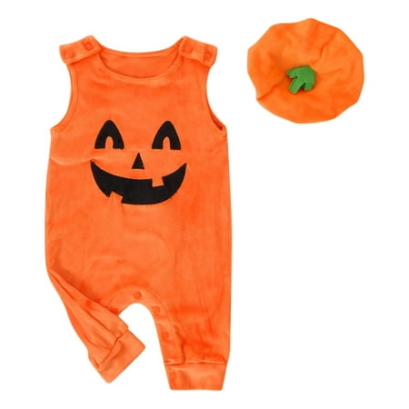 

Boys Girls Pumpkin Face Printing Pullover Romper With Hat 2Pieces Suspenders Jumpsuit Clothes 12-18 Months