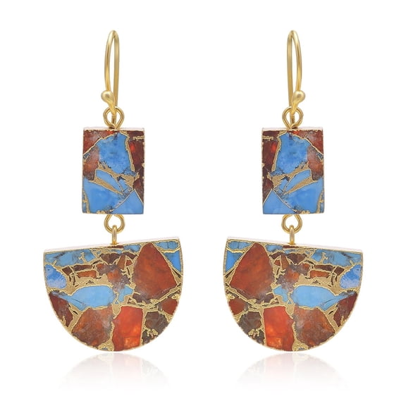 Zeva Jewels Blue & Orange Mohave Copper Turquoise Earrings – Handmade Gold Plated Geometric Rectangle & Semi Circle Dangle Earrings for Women