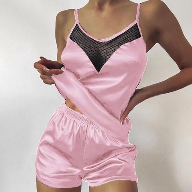 Ensemble de Pyjama pour Femmes T-shirts Shorts Roses en Forme de Cœur Col Rond T-shirt en Soie Glacée Confortable Décontracté Été