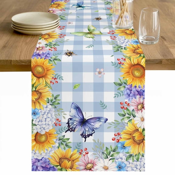 Sunflowers Table Runner - 72 Inch Long Spring Watercolor Flowers Butterflies Hydrangea Blue Cotton and Linen Blended Dress Scarves Farmhouse Table Runner for Kitchen Dining, Coffee Table, 13" x 72"