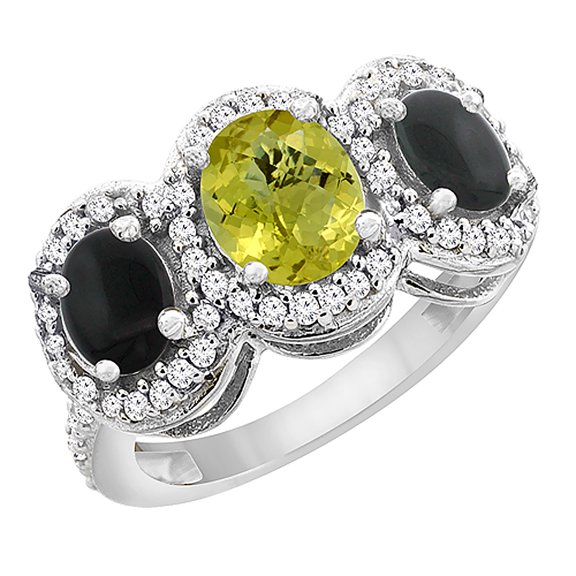 10K White Gold Natural Lemon Quartz & Black Onyx 3-Stone Ring Oval Diamond Accent, size 9