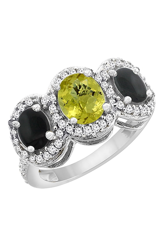 10K White Gold Natural Lemon Quartz & Black Onyx 3-Stone Ring Oval Diamond Accent, size 9