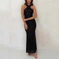 thumbnail image 4 of Halter Ballgown Formal Cocktail Dress for Women Olyvenn Criss Cross Neck Sparkly Sequins Solid Sundress Slim Fit Flowy Hip Wrap Wedding Guest Smocked Off Shoulder Sleeveless Prom Dress Black 6, 4 of 9
