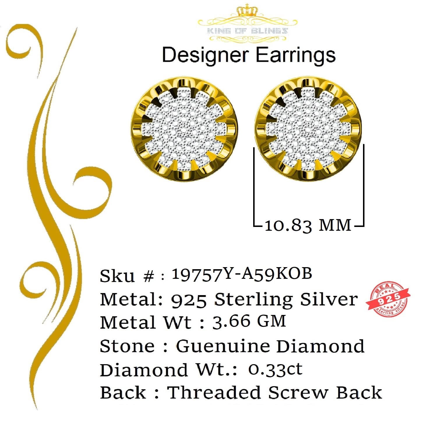 King of Bling's 925 Sterling Silver 0.33ct Diamond For Women's/ Men's Yellow Stud Round Earrings