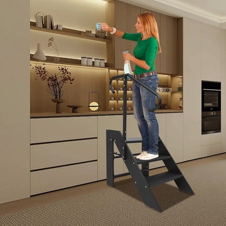 Modern Free Standing Black Step Ladder Foldable 3 Steps Ladder w/ Adjustable Handrail Swimming Pool Ladder